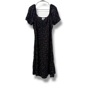 GAP‎ Floral Puff Sleeve Midi Dress Women's Medium Black Red Cottagecore Ruched